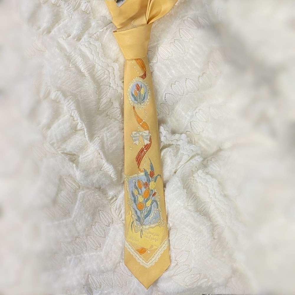 Vintage style Tulip Floral Satin Necktie Cream Cottagecore Embroidered Tie